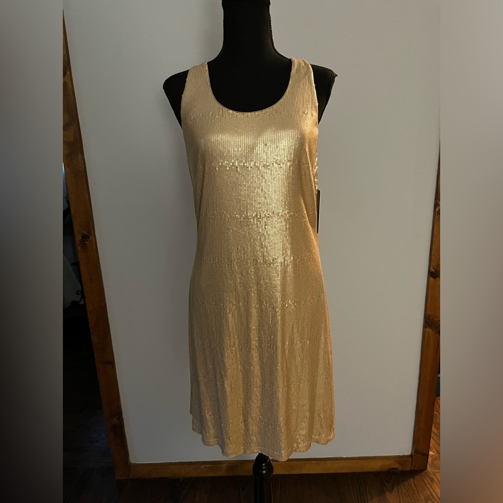Laundry by shelli segal Sequin Gold Midi dress Sleeveless Racer Back Sz 8
